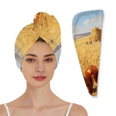 Chintiz Microfiber Hair Towel Wrap for Women - Squirrels Harvesting Wheat Super Absorbent Fast Drying Head Hair Towels - Elastic Loop Design Anti-Frizz Soft Turbans for Wet Curly, Thick, Long Hair