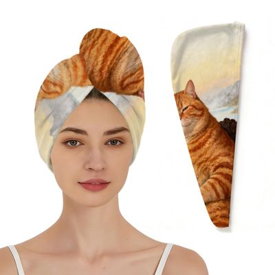 Chintiz Microfiber Hair Towel Wrap for Women - Orange Cat Super Absorbent Fast Drying Head Hair Towels - Elastic Loop Design Anti-Frizz Soft Turbans for Wet Curly, Thick, Long Hair