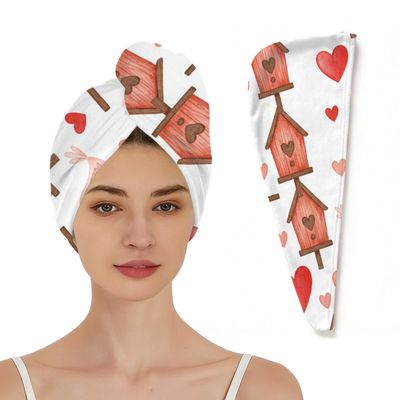 Chintiz Microfiber Hair Towel Wrap for Women - Valentines Birdhouse Super Absorbent Fast Drying Head Hair Towels - Elastic Loop Design Anti-Frizz Soft Turbans for Wet Curly, Thick, Long Hair