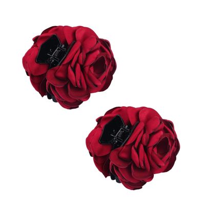 2Pc Wine red Women Chiffon Rose Flower Jaw Clip, Floral Jaw Barrettes Grips Clamps Twist Hair Up Hair Claw Fancy Accessories for Women Girl