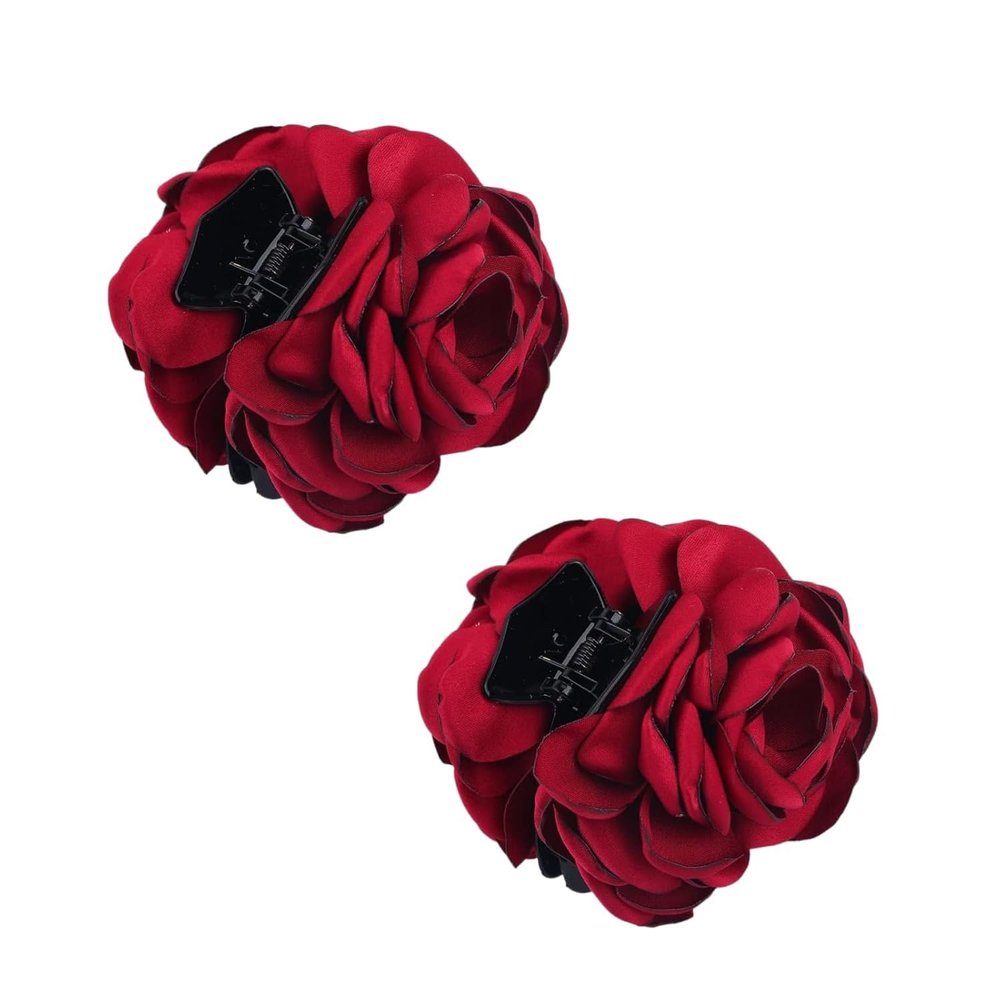 2Pc Wine red Women Chiffon Rose Flower Jaw Clip, Floral Jaw Barrettes Grips Clamps Twist Hair Up Hair Claw Fancy Accessories for Women Girl