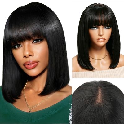 Cecycocy Straight Bob Bangs Wig 2X4 Lace Human Hair Wigs with Bangs 200% Density Realistic Short Natural Black Ready to Wear and Go Wigs for Women Beginner Friendly (16 Inch,Natural Black)