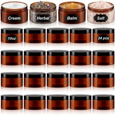 24 Pack 10 oz Amber PET Jars with Black Lids and Labels for Sugar Scrubs