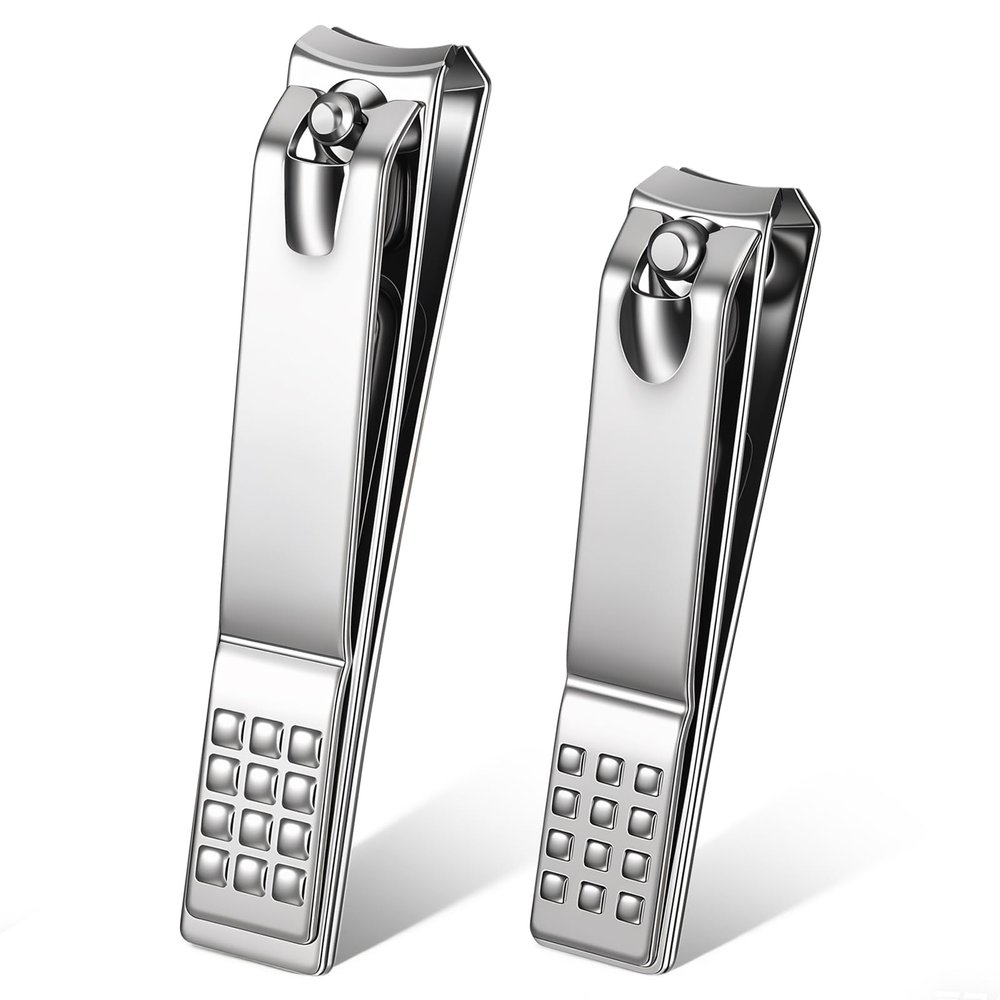 2Pcs Stainless Steel Nail Clippers, 2 Size Heavy Duty Ultra Sharp Straight Nail Clipper Travel Nails Cutters with Anti-Slip Grip for Thick Ingrown Nails, Silver