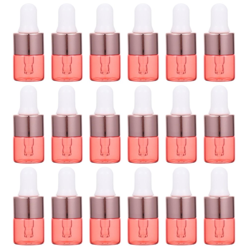 SEWCHICS 20pcs Rose Gold Glass Dropper Bottles 1ml Essential Oil Dropper Bottles Travel Vials for Liquids Refillable Leakproof