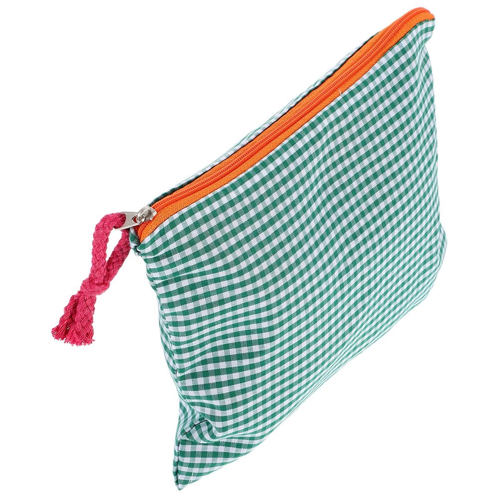MAGICLULU Portable Travel Makeup Case for Women, Green Checkered Cotton Linen Cosmetic Pouch, Small Sturdy Toiletry Bag Organizer for Cosmetics and Stationery