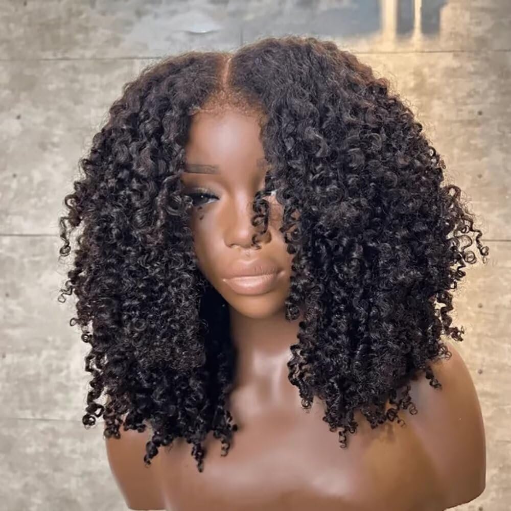 4C Edges Hairline Afro Kinky Curly Human Hair Wig 180% Density HD Invisible 13x4 Glueless Lace Front 100% Brazilian Human Hair Wig Pre Plucked Bleached Knots Curly Baby Hair Short Bob Afro Curly Wig