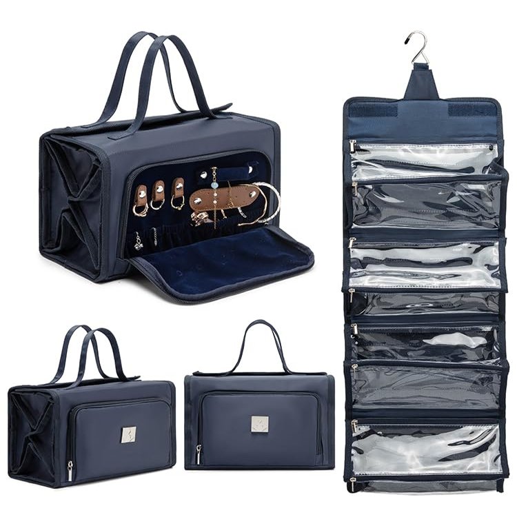 ROYALFAIR Roll Up Makeup Bag, Travel Toiletry Bag for Women with 4 Clear TSA Approved Pouches, Hanging Travel Organizer, Folding Cosmetic Bag for Men and Women (navy blue)