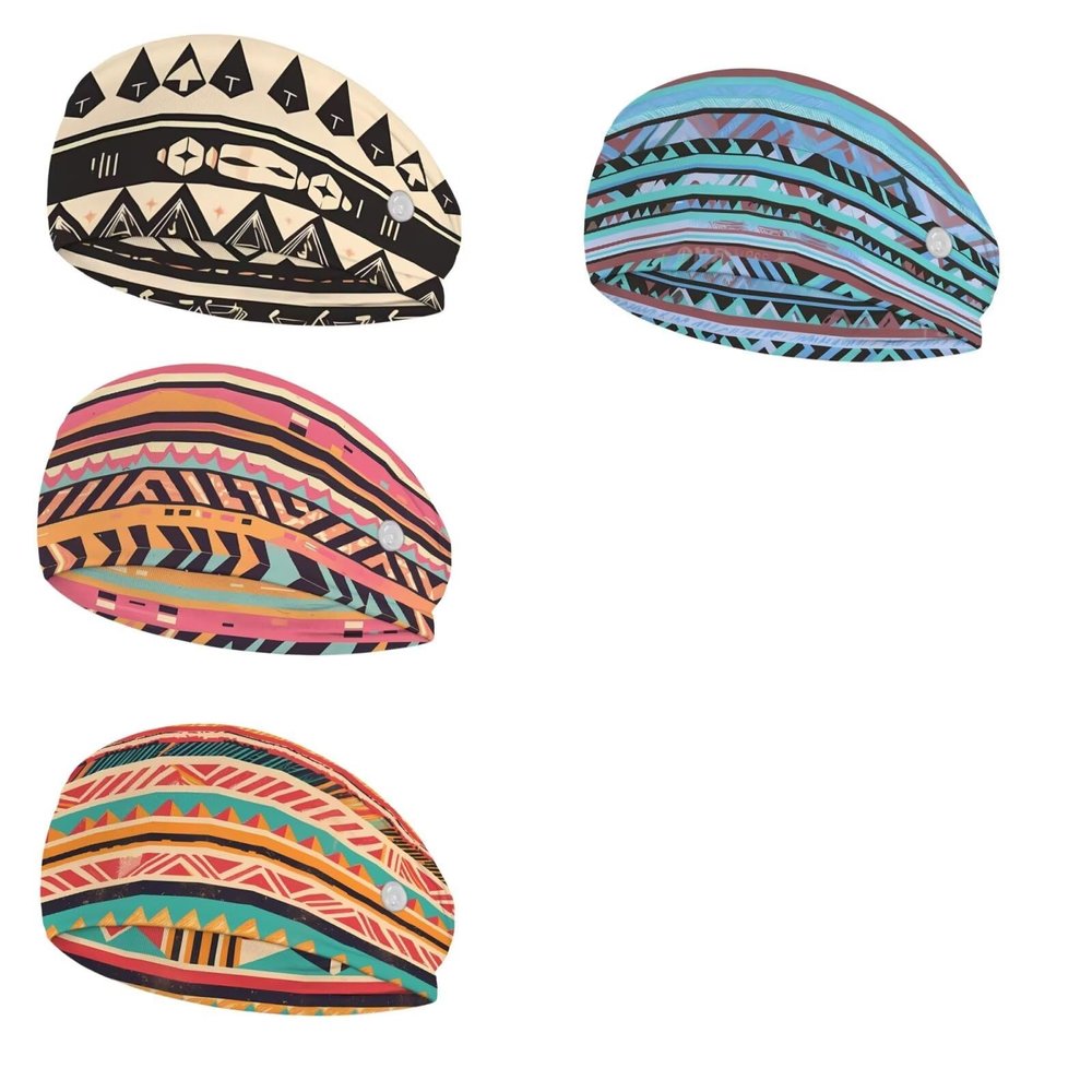 Babrukda Southwestern Aztec Headbands Set with Buttons Tribal Nursing Headwrap for Nurse Doctor Women Men Face Covering Holder Ear Protection Wide Stretch Hair Wraps Elastic Sweatband