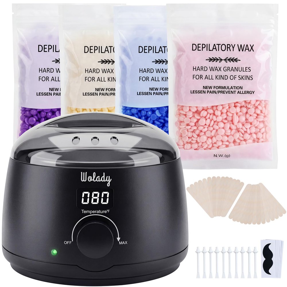 Wolady Waxing Kit for Women men,Fast-Melting Digital Wax Warmer for Face Hair Removal,4 Bags Hard Wax Beads & 45 Sticks,At-Home Waxing Kit for Bikini,Brazilian,Eyebrows,Leg,Full Body