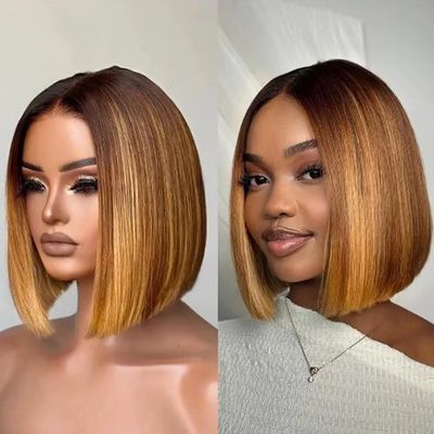 oulaer Blunt Cut Straight Lace Front Wigs Human Hair Ombre Brown Short Bob Wig with Blonde Highlights for Women 13x6 HD Lace Wigs Natural Hairline Bleched Knots 150% Density 12Inch