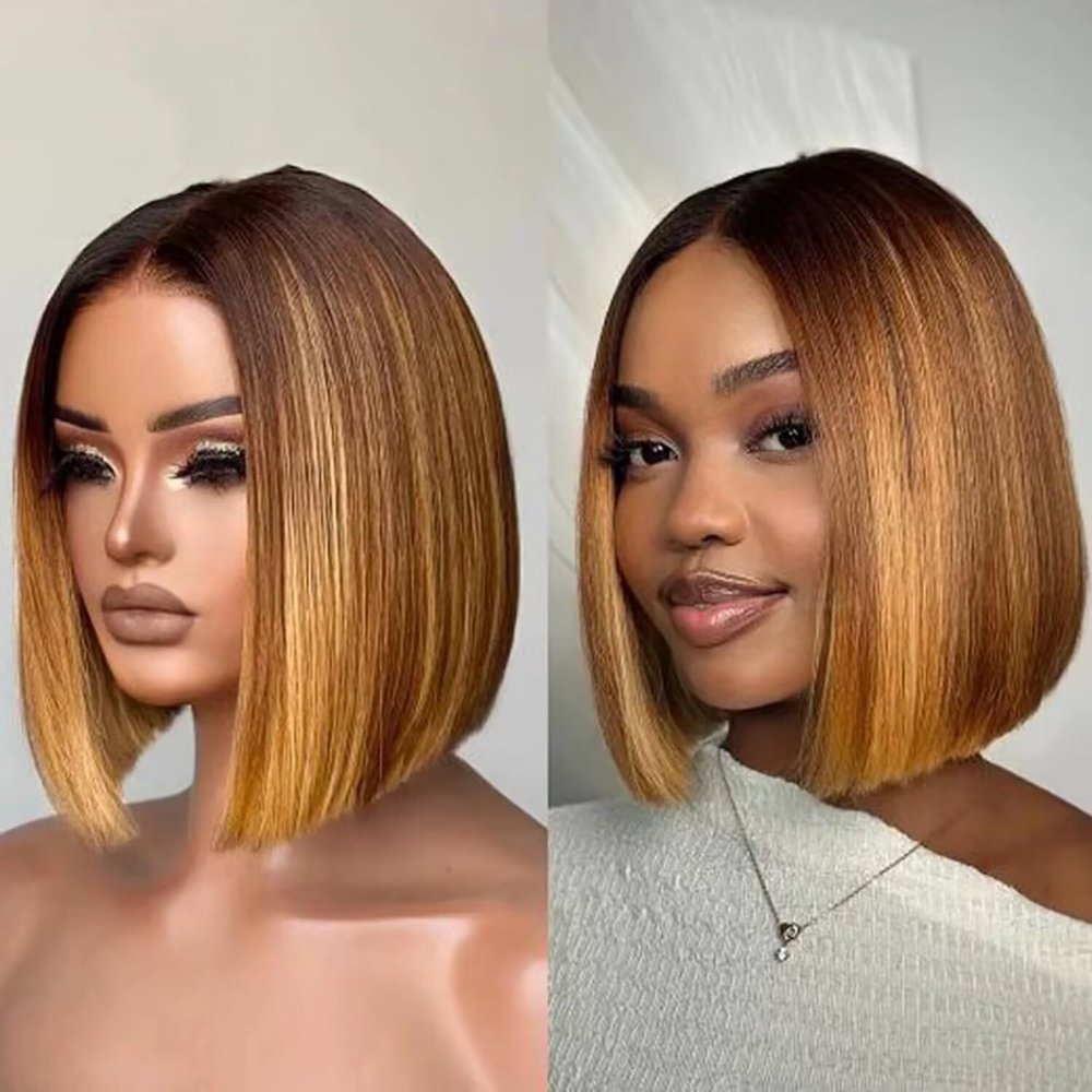 oulaer Blunt Cut Straight Lace Front Wigs Human Hair Ombre Brown Short Bob Wig with Blonde Highlights for Women 13x6 HD Lace Wigs Natural Hairline Bleched Knots 150% Density 12Inch