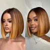 oulaer Blunt Cut Straight Lace Front Wigs Human Hair Ombre Brown Short Bob Wig with Blonde Highlights for Women 13x6 HD Lace Wigs Natural Hairline Bleched Knots 150% Density 12Inch view 1