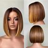 oulaer Blunt Cut Straight Lace Front Wigs Human Hair Ombre Brown Short Bob Wig with Blonde Highlights for Women 13x6 HD Lace Wigs Natural Hairline Bleched Knots 150% Density 12Inch view 2