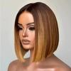 oulaer Blunt Cut Straight Lace Front Wigs Human Hair Ombre Brown Short Bob Wig with Blonde Highlights for Women 13x6 HD Lace Wigs Natural Hairline Bleched Knots 150% Density 12Inch view 4