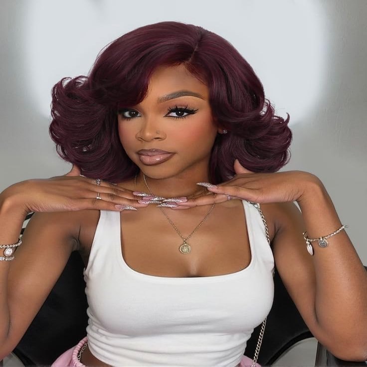 Burgundy Curly Wig with Bangs Layered Yaki Wavy Bob Wig Synthetic Hair