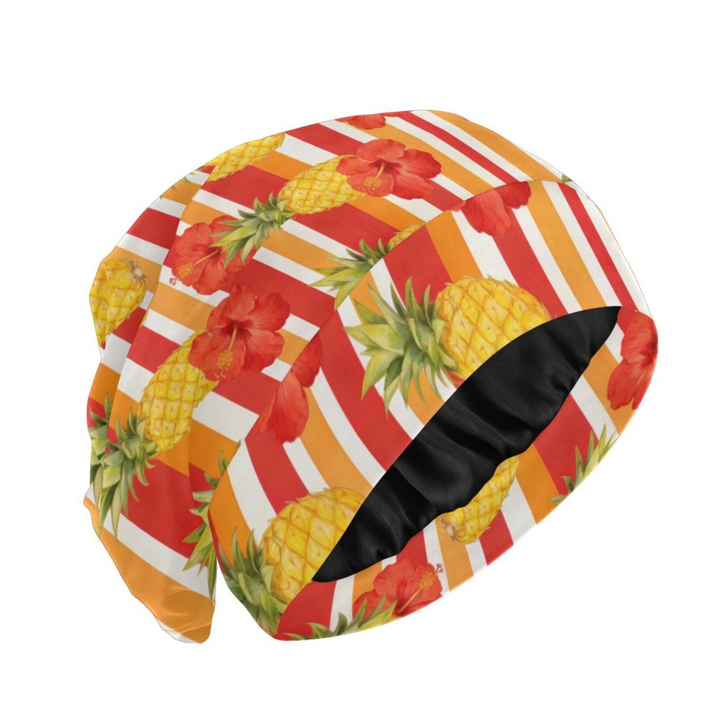 Summer Pineapple Hibiscus Hair Bonnet for Sleeping 1 PC Satin Sleep Bonnets for Women Men Satin Lined Sleep Night Cap For Curly Hair Wrap