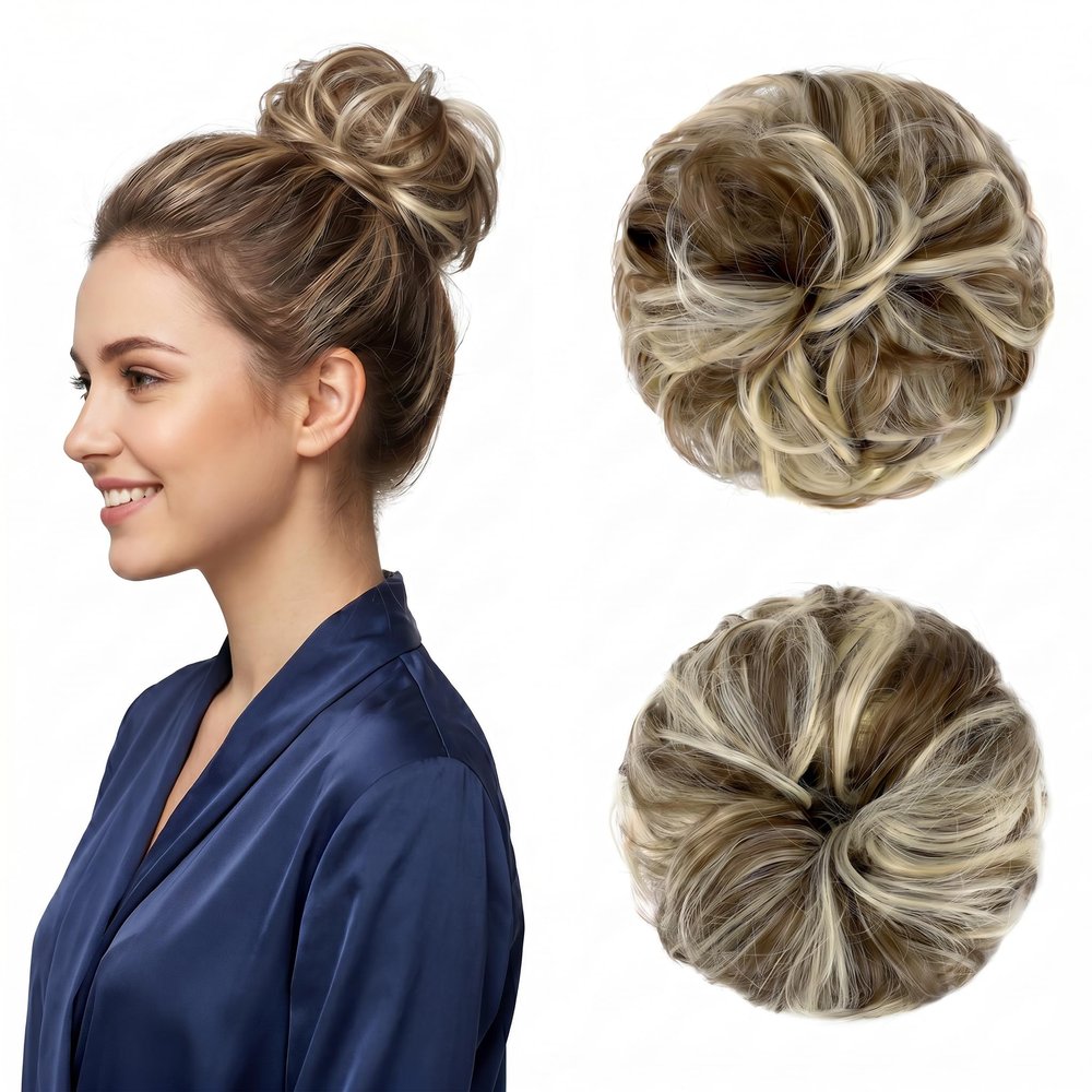 Qunlinta Large Messy Bun Hair Piece Wavy Curly Bun Scrunchies Thick Updo Scrunchies Hair Extensions Hairpieces for Women Girls Brown Mix Bleach Blonde