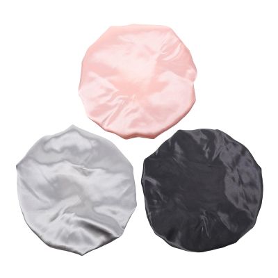 Didiseaon 3pcs Adjustable Satin Shower Caps Double Layer Elastic Hair Bonnet for Women Night Sleeping Chemotherapy Bath Cap with Black Gold Gray