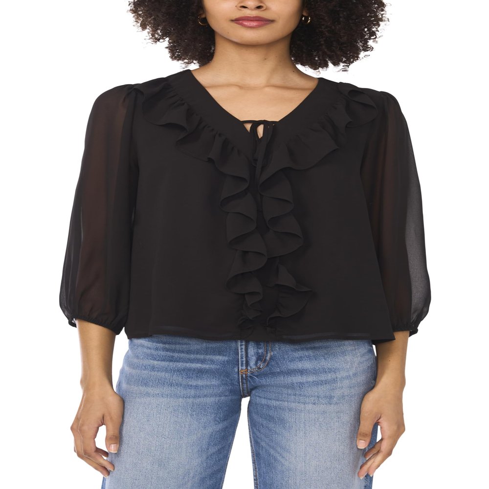 Vince Camuto 3/4 Sleeve Double Ruffle TIE Neck Blouse Rich Black