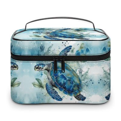 VstaDank Sea Turtle-Blue Travel Makeup Bag Large Capacity Leather Cosmetic Bag Portable Toiletry Bags With Clear Divider And Handle Cute Wide Open Shaving Bags for Grooming