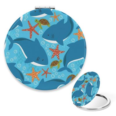WeUNkey Blue Shark Starfish Round Mirror for Women Girls, Round Cosmetic Mirror 2X/ 1X Magnification, Small Folding Portable Handheld Sweet Gift for Sister Daughter Mom Wife