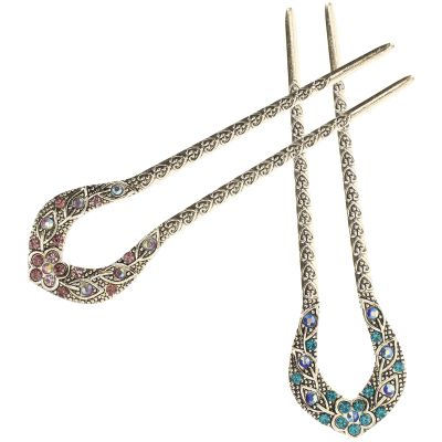 Beaupretty 2pcs Vintage Double Prong Rhinestone Hair Stick Set, Purple and Blue Crystal Hair Dovetail Clips for Womens Updo and Bun Styling