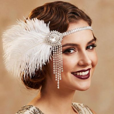 GORTIN 1920s Headpiece Flapper Feather Headband Vintage Roaring 20S Hair Accessories for Women (White, One size)