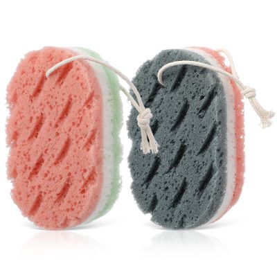 2 Pack Shower Sponge for Body, Exfoliating Bath Sponges for Women Men, Reusable Body Scrub with Loofah Fiber, Deep Cleaning Shower Puff 2 Colors