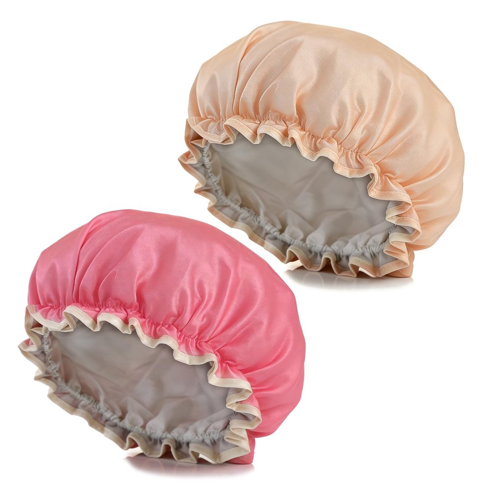 2 Pack Shower Caps for Women Reusable Waterproof Hair Cap Solid Color Long Hair Bath Wear