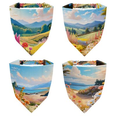 RODAILYCAY 4 Piece Triangle Head Scarf, Summer Landscape Flower Beach Chiffon Hair Kerchief, Elastic Hair Scarf Bandanas for Women Girls