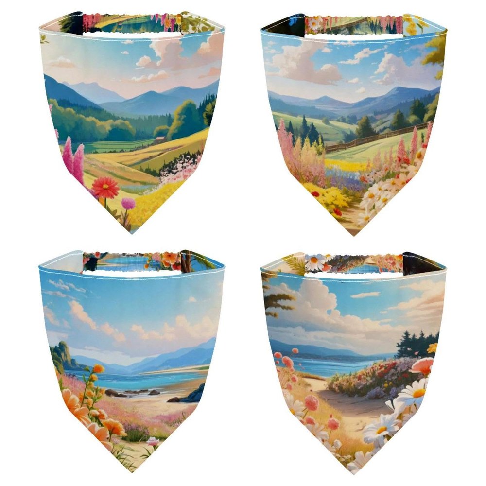 RODAILYCAY 4 Piece Triangle Head Scarf, Summer Landscape Flower Beach Chiffon Hair Kerchief, Elastic Hair Scarf Bandanas for Women Girls