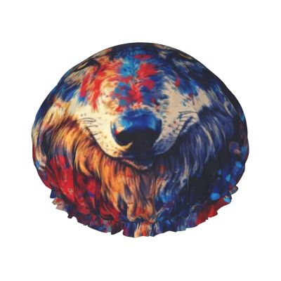 American Flag Wolf Waterproof Shower Cap Double-Layer Reusable Bath Cap For Man Women