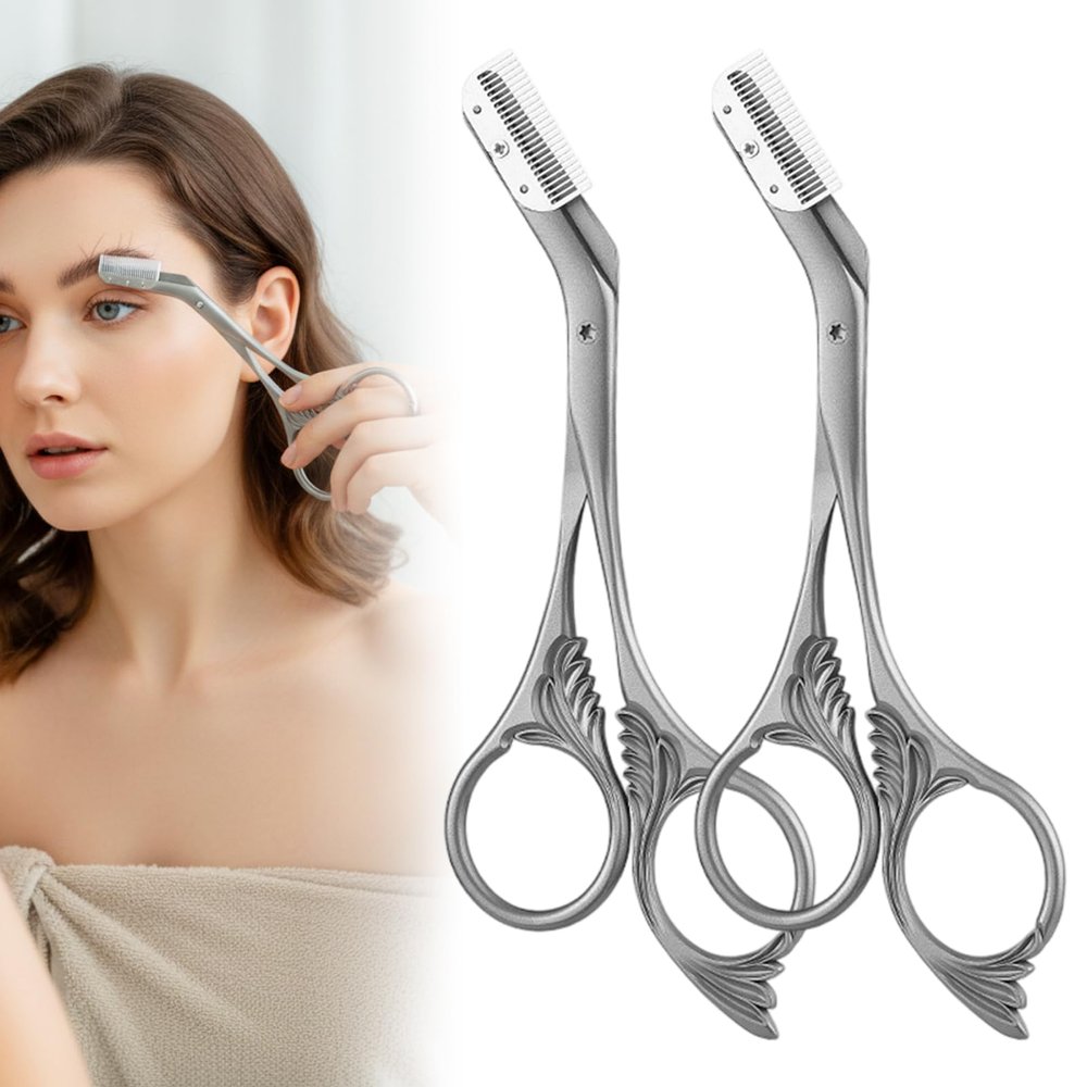 Eyebrow Trimmer Scissor with Comb, Eyebrow Scissors for Women, Stainless Steel Precision Eyebrow Cutter Hair Removal Makeup Tool for Women and Men (Grey 2PC)