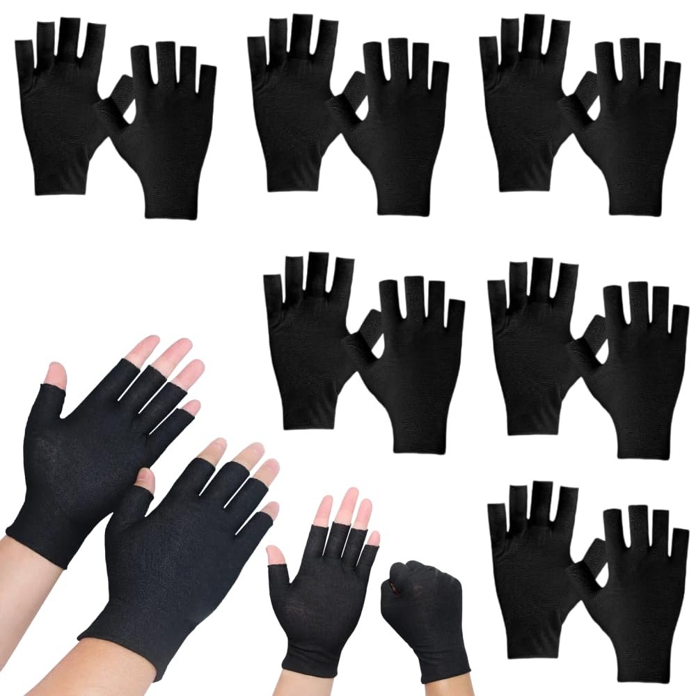 6Pairs Fingerless Cotton Gloves, Black Touchscreen Moisturizing Gloves, Fingerless Cotton Gloves for Eczema, Cut 5 Fingertips Overnight Hydration Fits Most Dry Hands for Men and Women