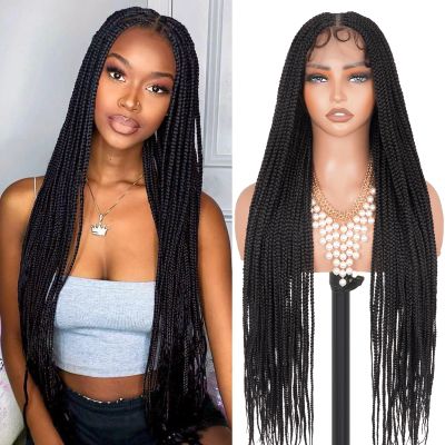 MS.FEEL Box Braided Wig Full Double Lace Glueless Braids Wig with Baby Hair Human Hair Blended Synthetic Black Braided Wig for Black Women (Natural Black, 30 Inch)