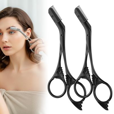 Eyebrow Trimmer Scissor with Comb, Eyebrow Scissors for Women, Stainless Steel Precision Eyebrow Cutter Hair Removal Makeup Tool for Women and Men (Black 2PC)