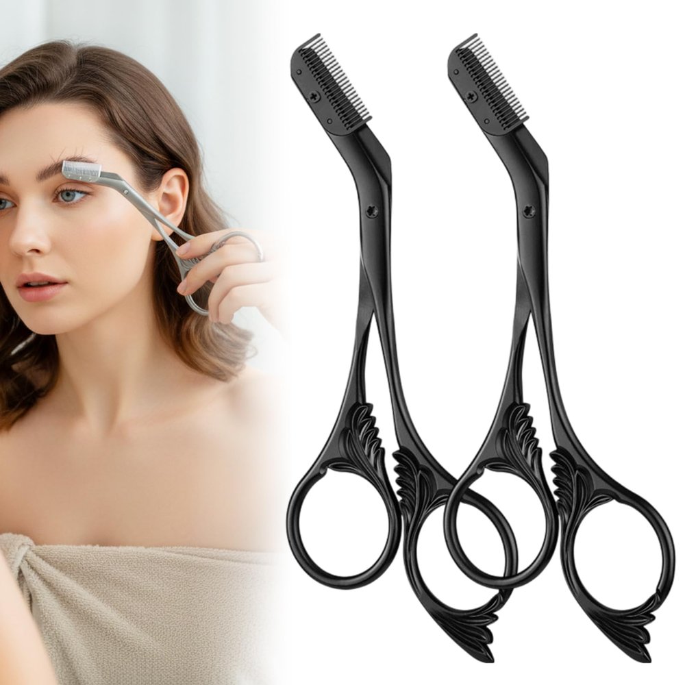 Eyebrow Trimmer Scissor with Comb, Eyebrow Scissors for Women, Stainless Steel Precision Eyebrow Cutter Hair Removal Makeup Tool for Women and Men (Black 2PC)