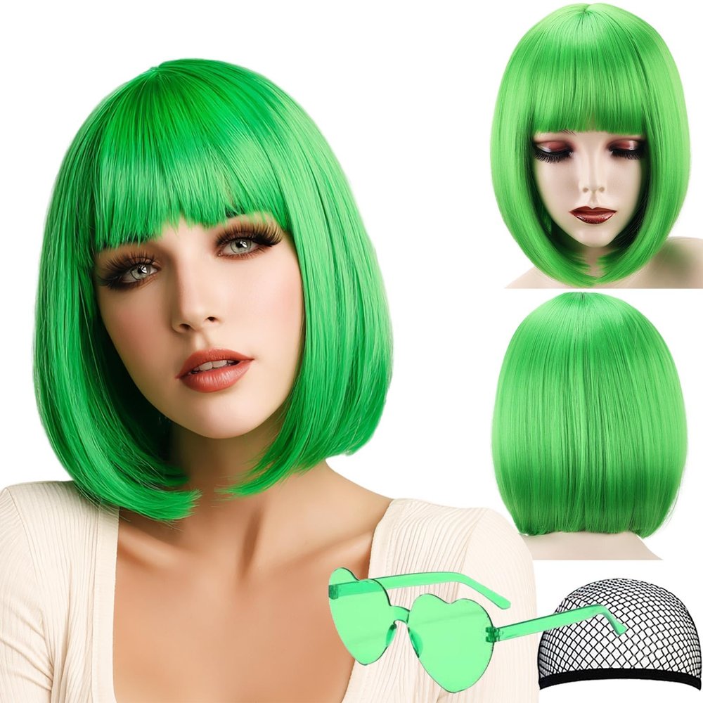 VCAY Green Bob Wig with Bangs 12 Inch Straight Synthetic Cosplay Wig