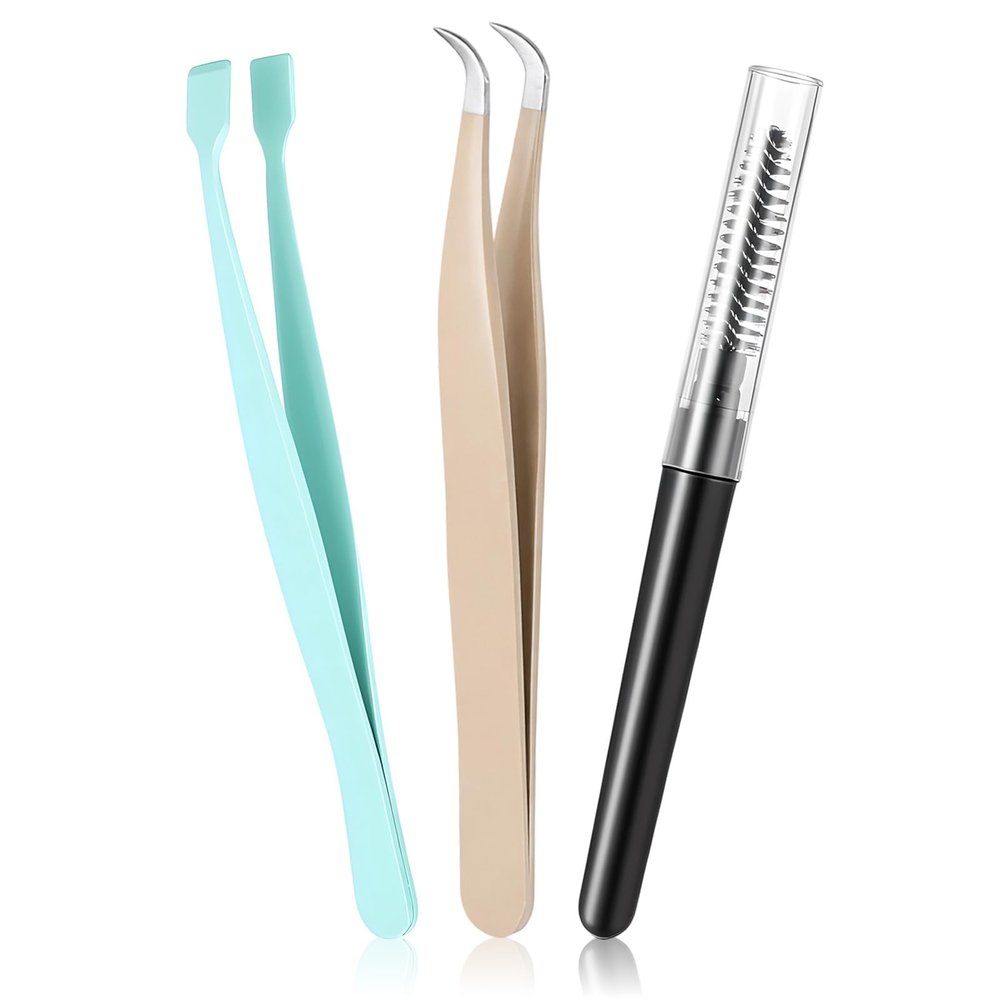 3Pcs Lash Tweezers for Eyelash Clusters Lash Applicator Tool Set Eyelash Extension Tweezers for Lashes Extension DIY Cluster Lashes Flat Curved Tip Applications