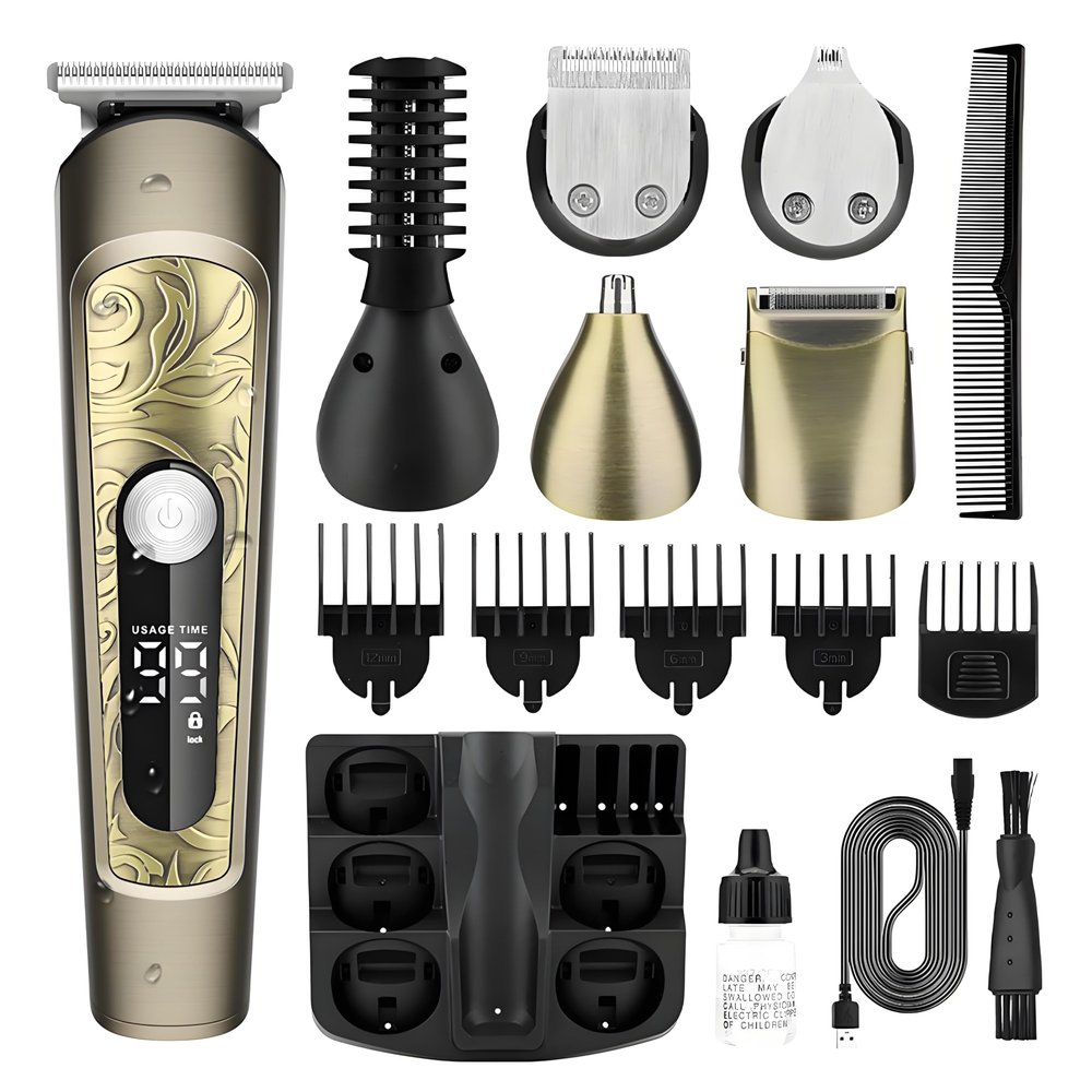 Mens Hair Clippers Cordless Grooming Kit, 6 in 1 Professional Beard Trimmer for Men,Nose Hair Trimmer Electric Razor Body Groomer with LED Display Storage Base, T-Blade Trimmer Hair Cutting Kit with