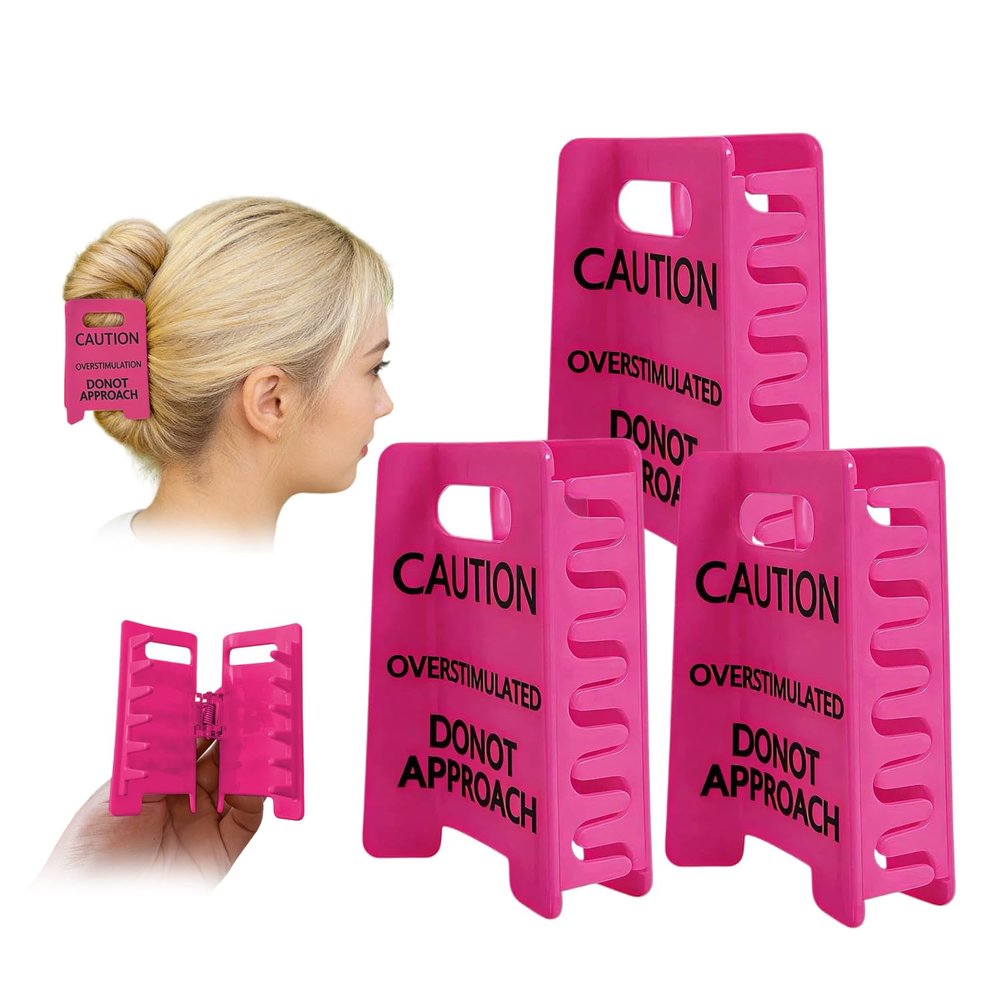 Caution Overstimulated Hair Clip Funny Caution Hair Clip Claw, Strong Grip Yellow Warning Sign Hair Claw Clips for Thick or Thin Hair, Hair Accessories Gift for Women & Coworkers (Puple 3PC)