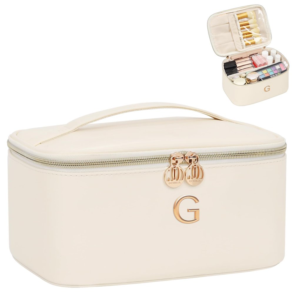 OCHEAL Personalized Makeup Bag, Beige Make up Bag for Women, Monogrammed Travel Toiletry Kit, Gift-Ready Cosmetic Organizer for Christmas Birthday & Stocking Stuffers G