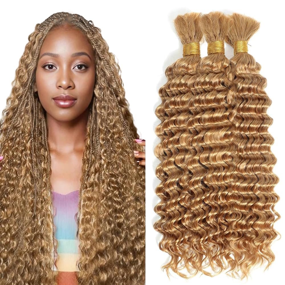 32 32 32 Inch Honey Blonde Human Braiding Hair for Boho Braids Blonde Boho Hair For Braiding Deep Wave Knotless Bulk Bohemian Color #27 Braids 150g