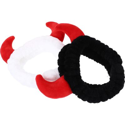 Ciieeo 2pcs Halloween Ox Horn Hairbands for Women, Plush Skincare Headband and Face Washing Hair Wrap, Cute Devil Horn Spa Headbands for Makeup and Facial Cleansing