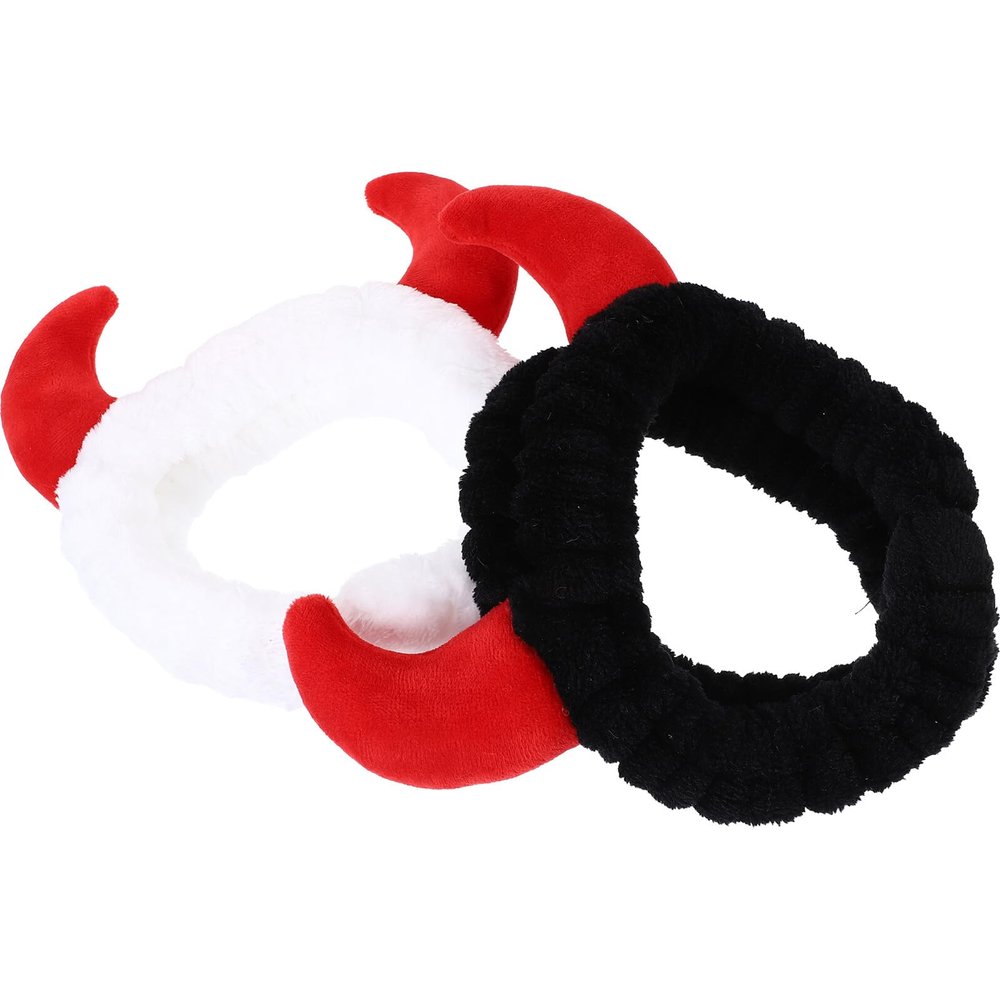 Ciieeo 2pcs Halloween Ox Horn Hairbands for Women, Plush Skincare Headband and Face Washing Hair Wrap, Cute Devil Horn Spa Headbands for Makeup and Facial Cleansing