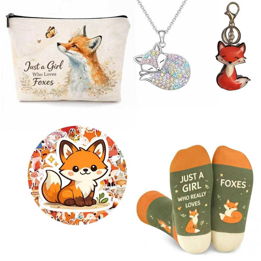 Flotreif Fox Gifts for Women and Girls - Unique Fox Lovers Gifts Set Includes Fun Socks, Makeup Bag, Necklace, Keychain & Waterproof Stickers - Cute Birthday Christmas Teen Girls