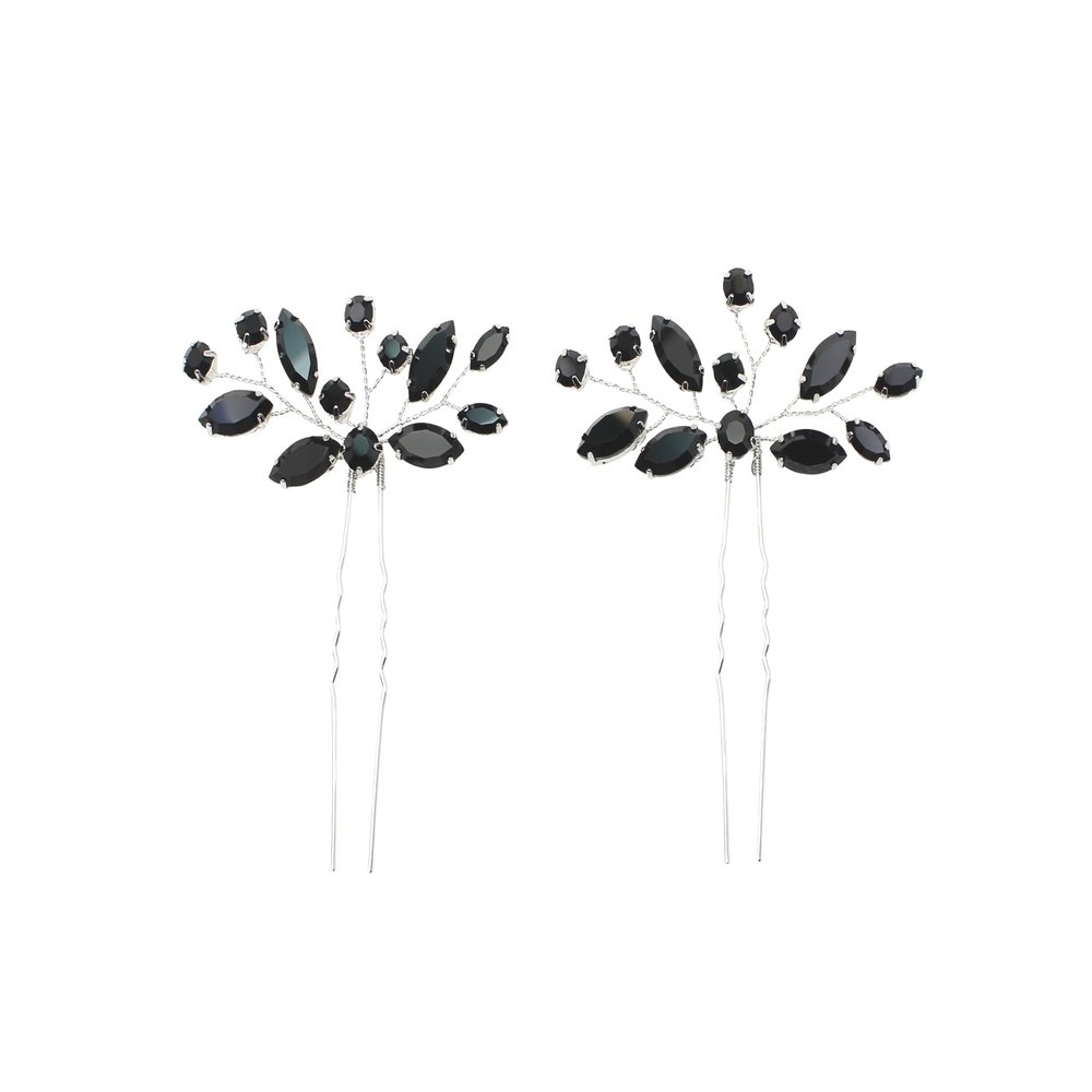 Faship Black Rhinestone Crystal Floral Bridal Hair Pins Accessories 2 Pcs