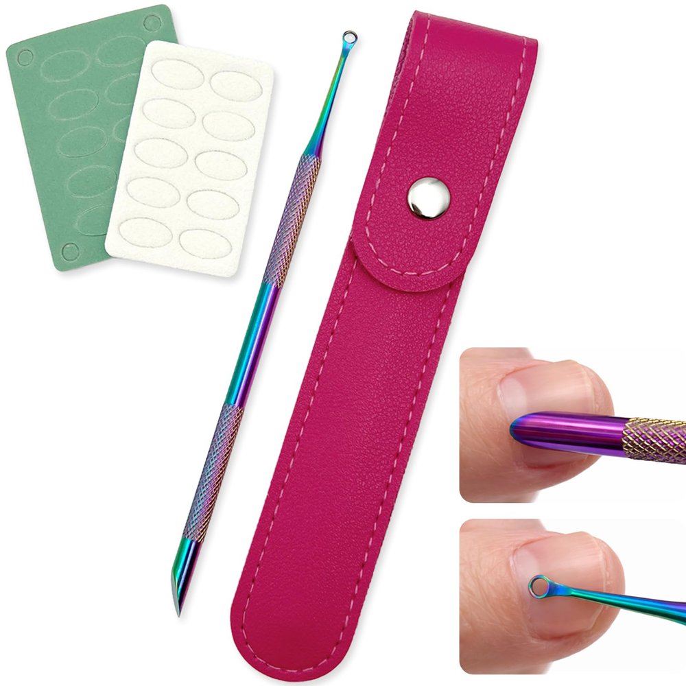Dual-Ended Stainless Steel Cuticle Remover Tool with Loop & Beveled Pusher, Grit Nail Files and Storage Bag for Home or Salon Use