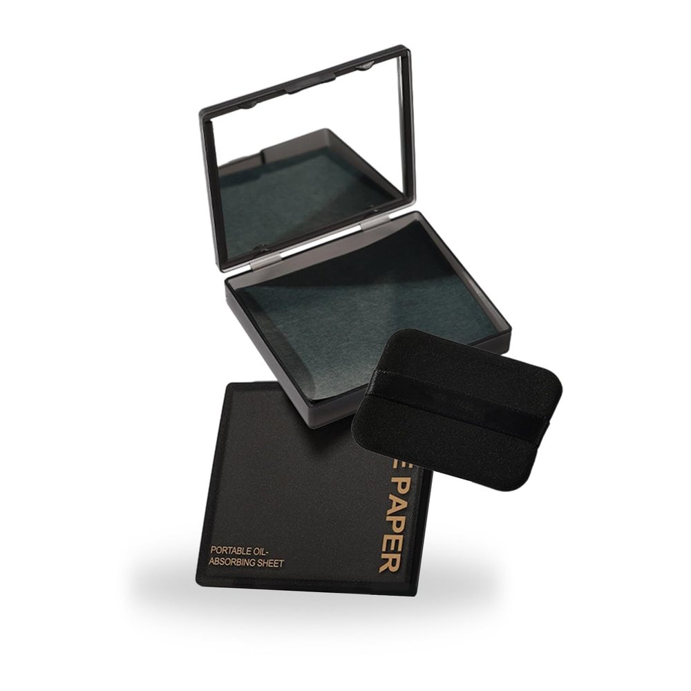 SYNTHORA Oil Blotting Papers for Face, 100 Sheets Oil Absorbing Blotting Paper with Mirror & Puff, Linen Fiber Shine Control Sheets, Makeup Friendly Portable Oil Control for Oily Skin(Black)